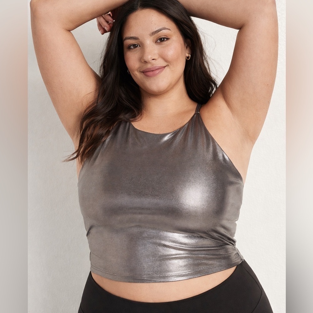Old Navy PowerSoft Longline Metallic Sports Bra Size 2X Silver Mauve Shine